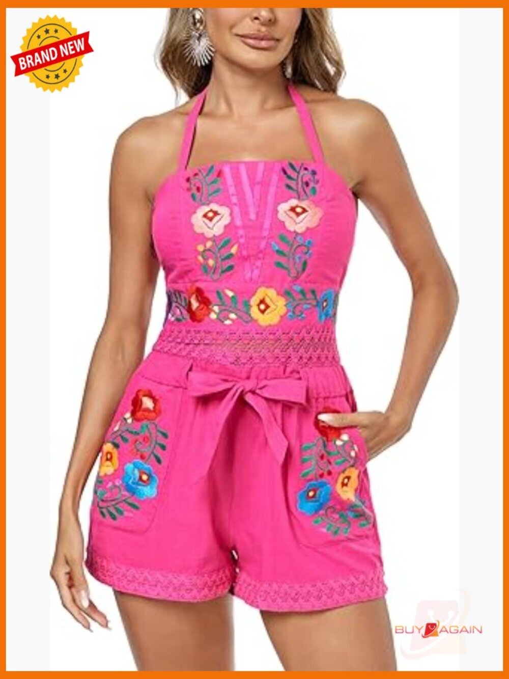 Women's Boho Embroidered Floral Halter Sleeveless Short Jumpsuit Romper